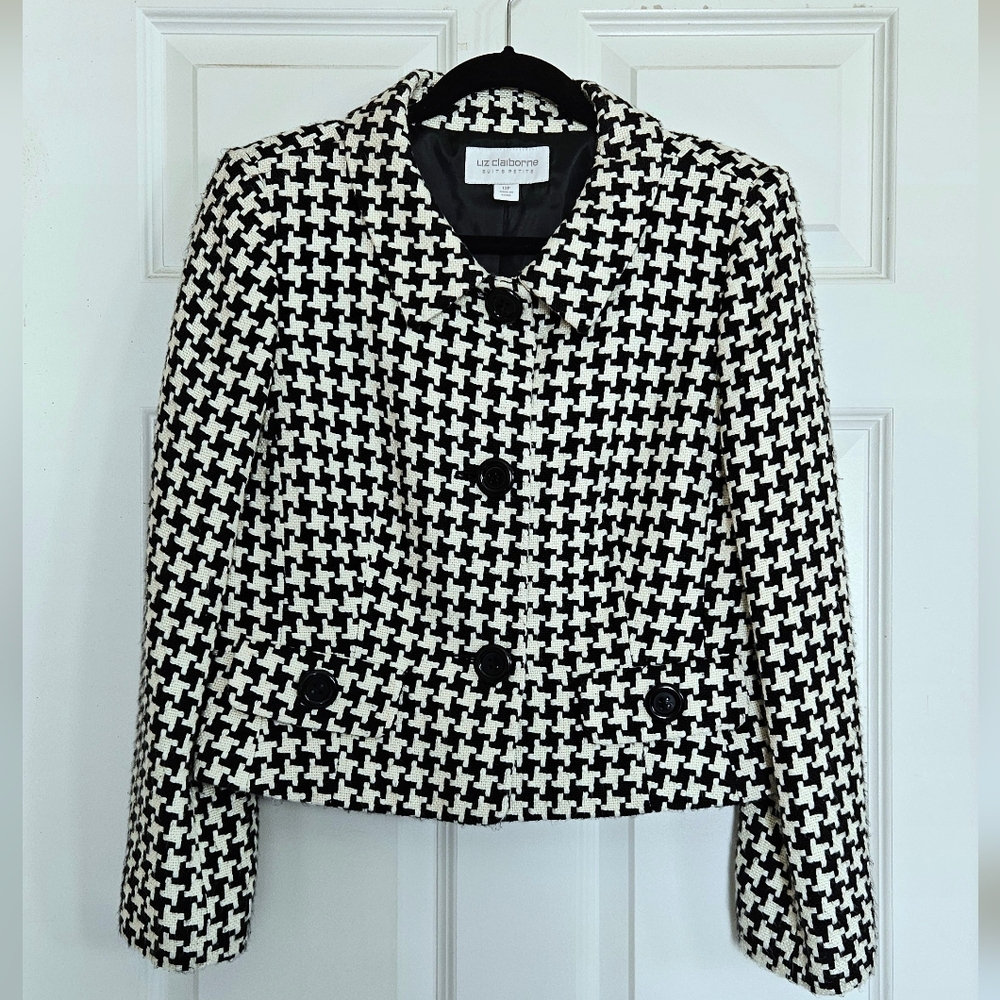 Liz Claiborne Black & White Houndstooth Cropped Jacket